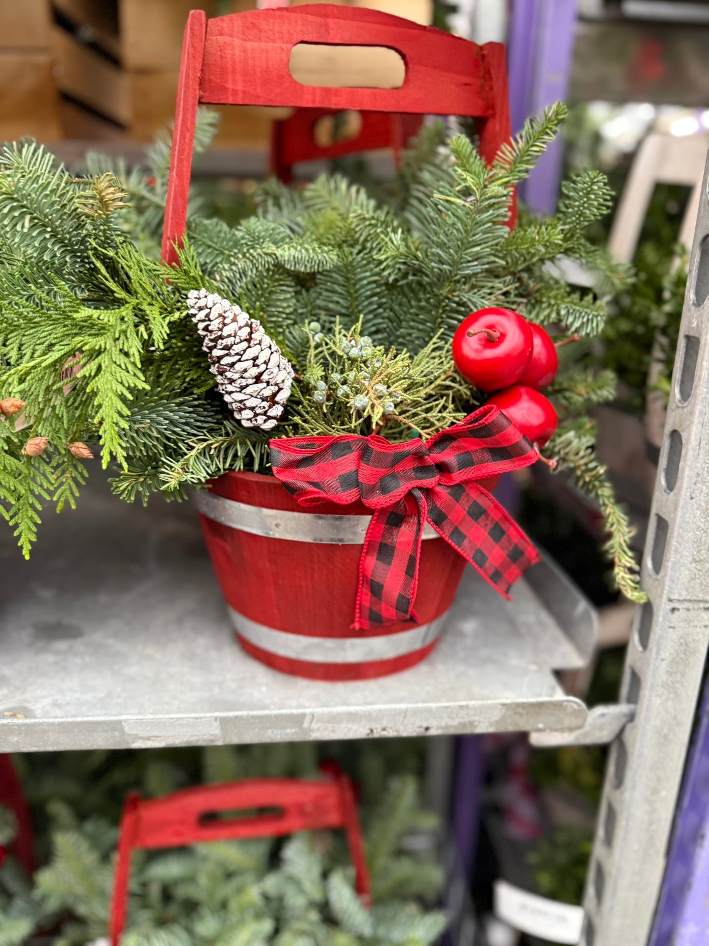 Planter, 9" Wooden Barrel with Handle, Red Planter (Each)
