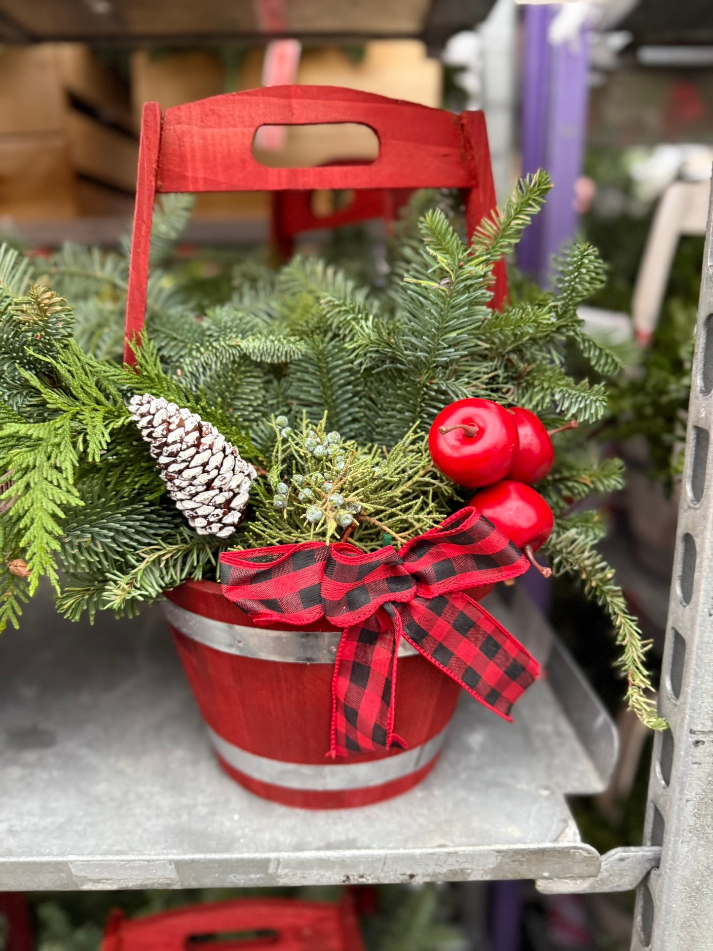 Planter, 9" Wooden Barrel with Handle, Red Planter (Each)